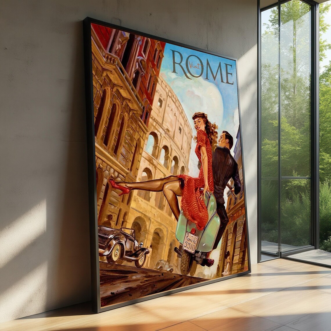 Vintage Rome Scooter Ride Poster, Italian Cityscape