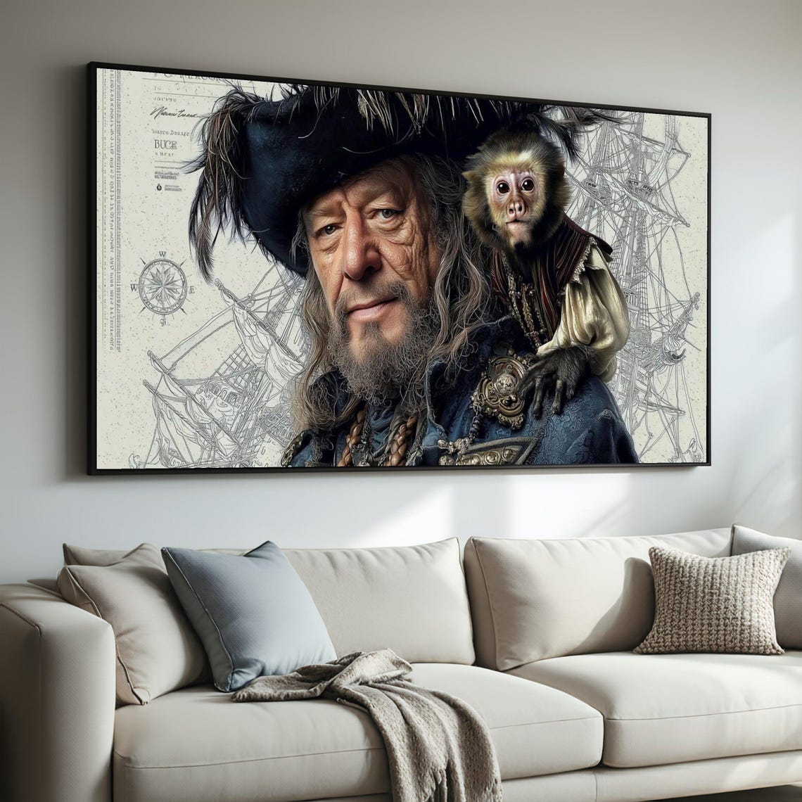 Pirate Captain Portrait with Monkey Nautical Adventure Art Poster