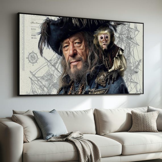 Vintage Pirate Captain Portrait Canvas Historical Nautical Wall Art Monkey Companion Artwork Maritime Adventure Decoration Ready To Hang