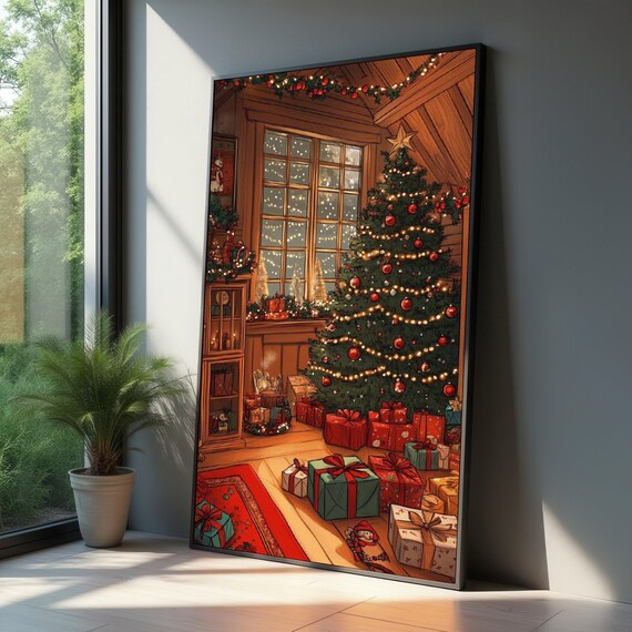 Cozy Christmas Living Room Tree Gifts Festive Scene Art Poster