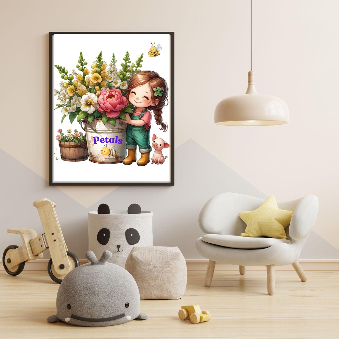 Petals Farm Girl With Big Flower Bucket Piglet and Bees Poster - Image 4
