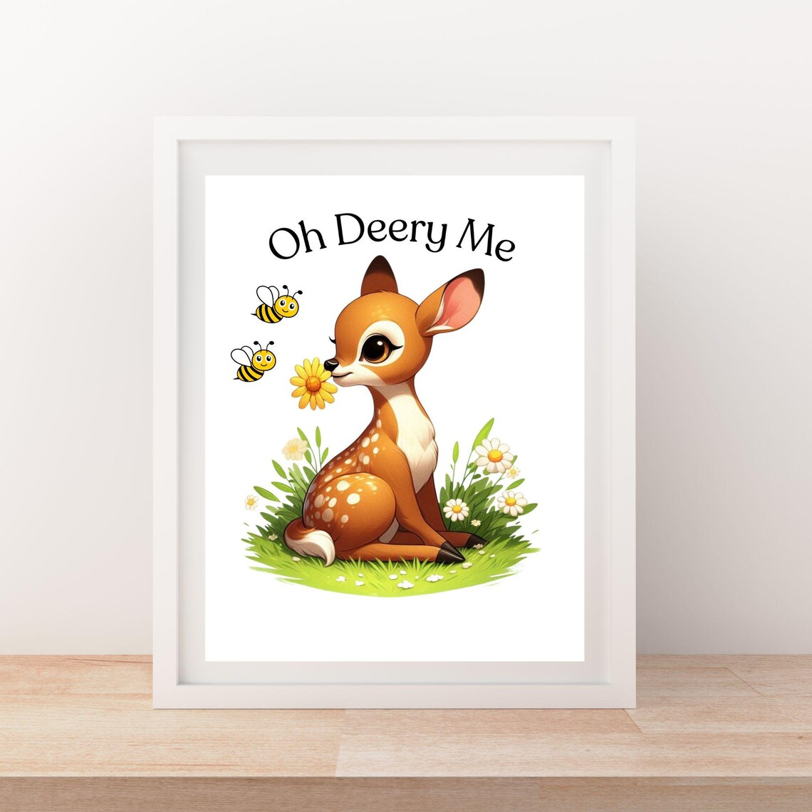 Oh Deery Me Cute Baby Fawn With Daisy And Bees Kids Nursery Poster - Image 5