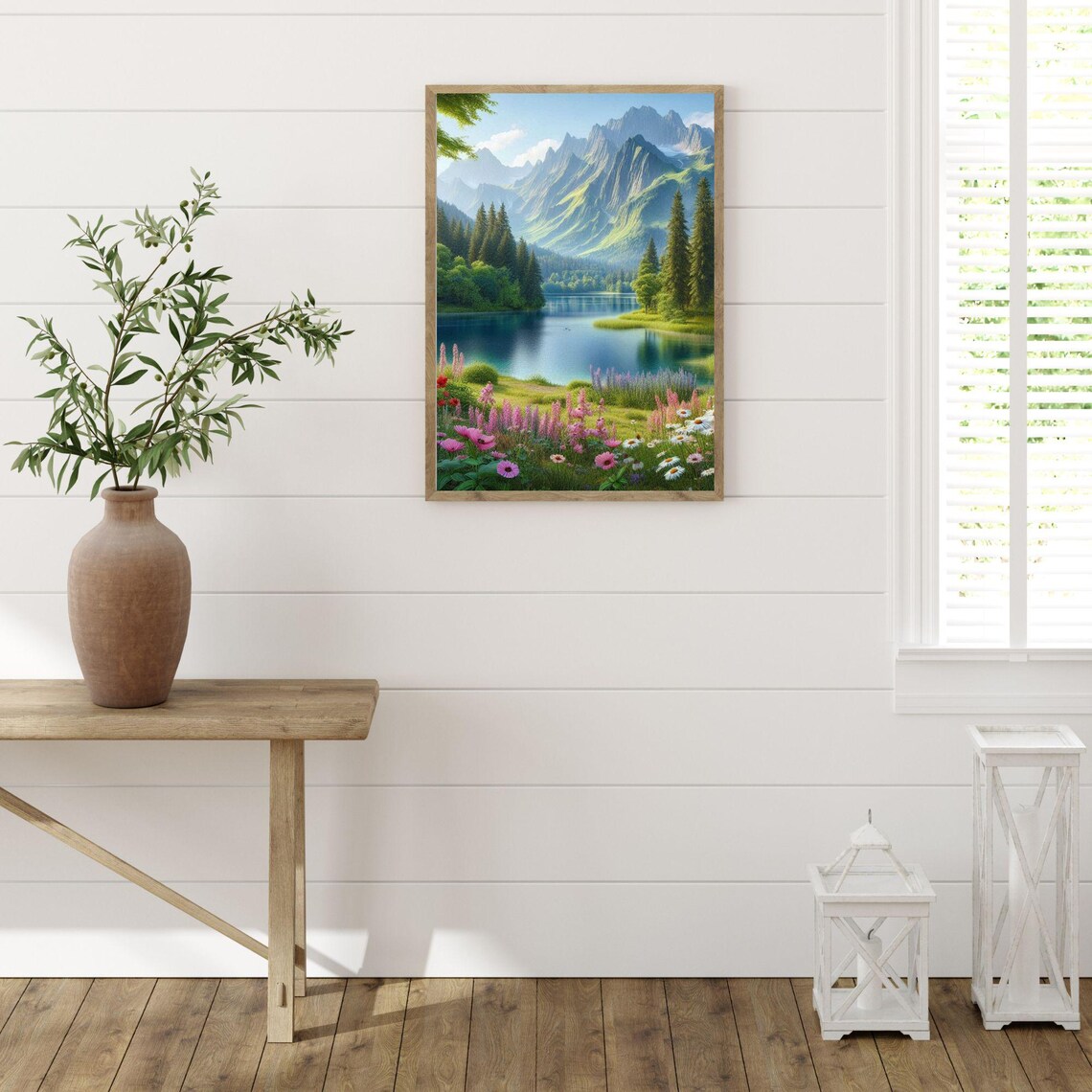 Alpine Lake Meadow With Wildflowers and Mountain View Poster