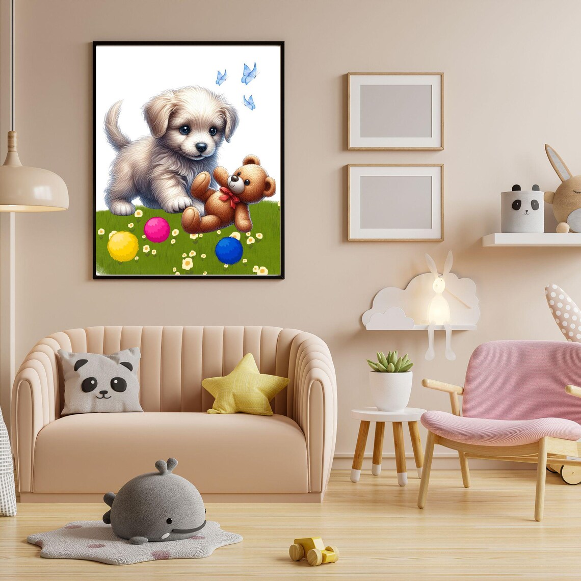 Fluffy Puppy With Teddy Bear and Colorful Balls Playtime Poster - Image 3