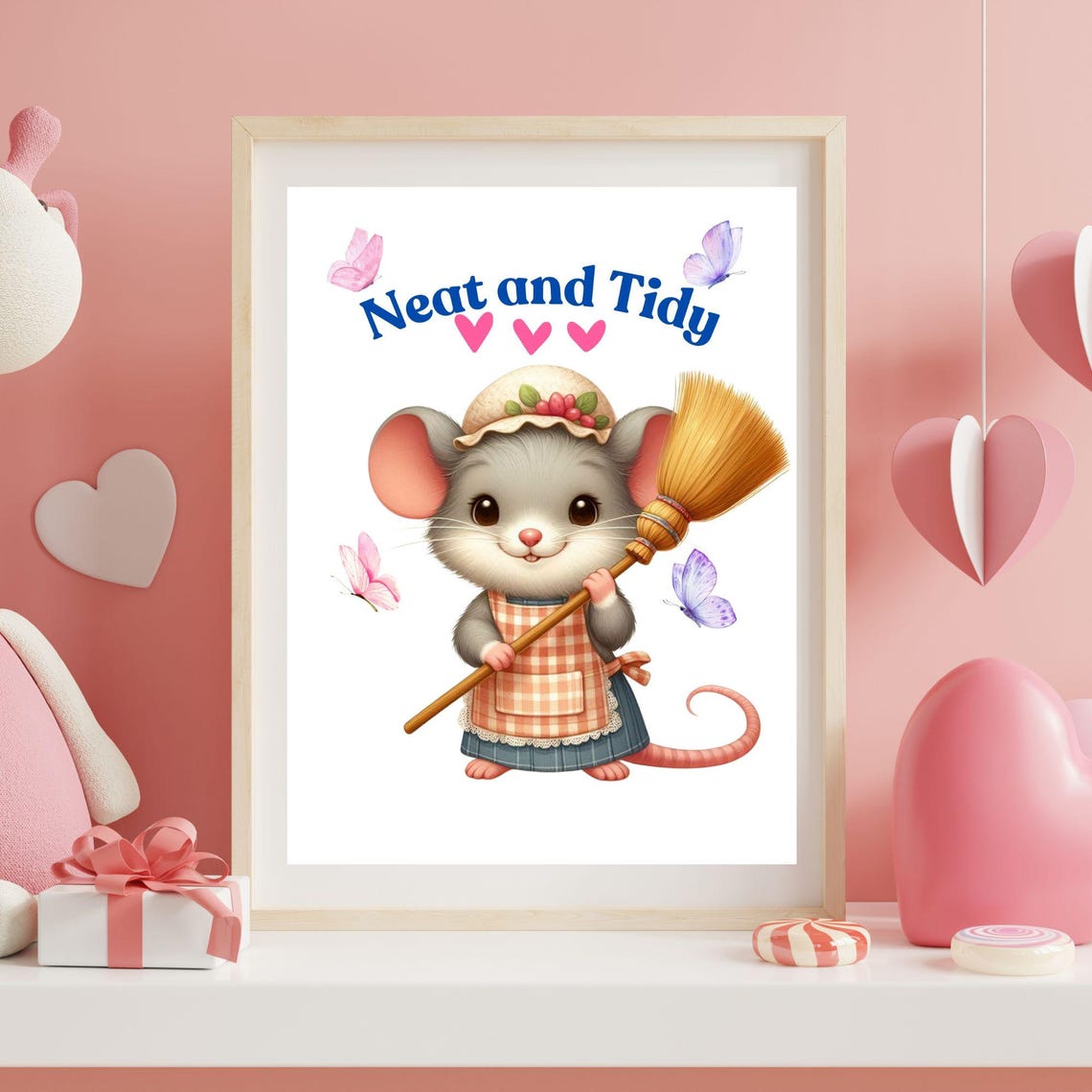 Neat and Tidy Mouse in Apron Holding a Broom With Butterflies Poster - Image 4