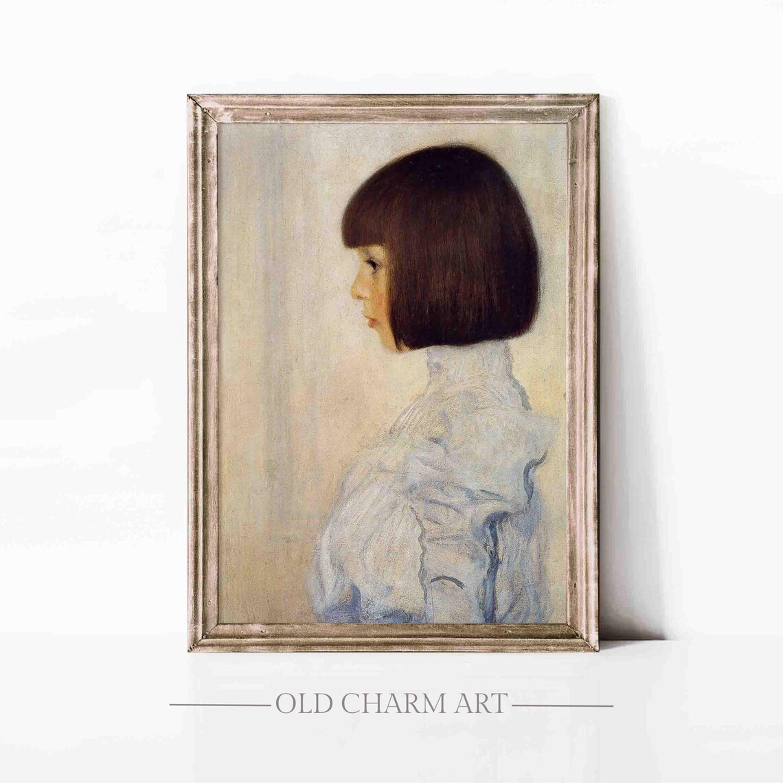 Young Woman Portrait Profile Dark Bob Hair White Blouse Vintage Painting Poster