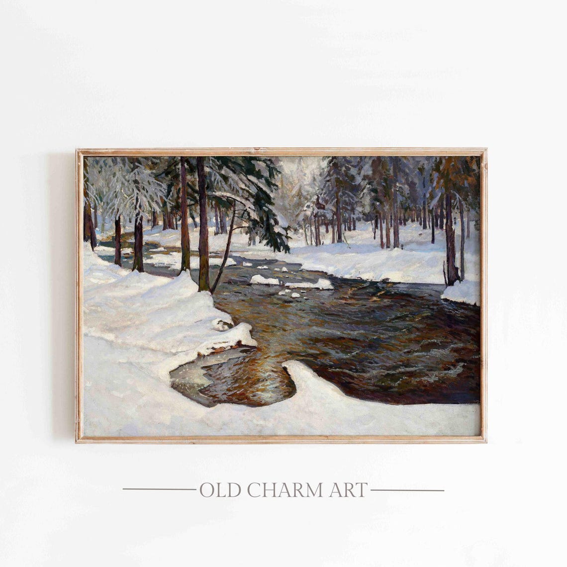 Wild Snowy Forest Stream Running Water Winter Painting Poster