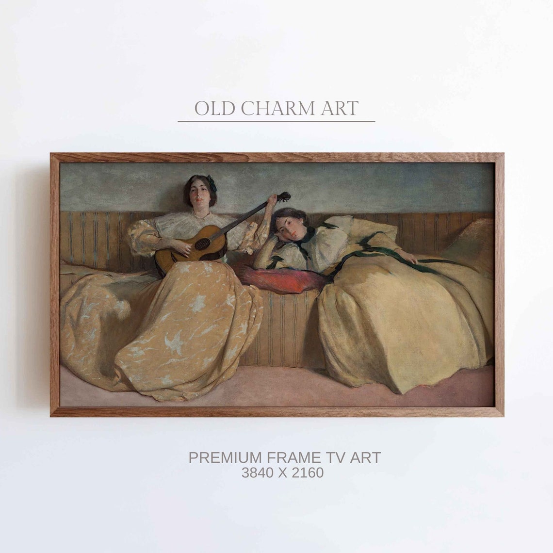 Two Women on Settee With Guitar Antique Interior Painting Poster