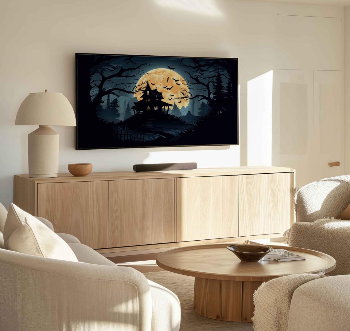 Haunted House Silhouette Under A Giant Orange Moon And Bats Poster - Image 3