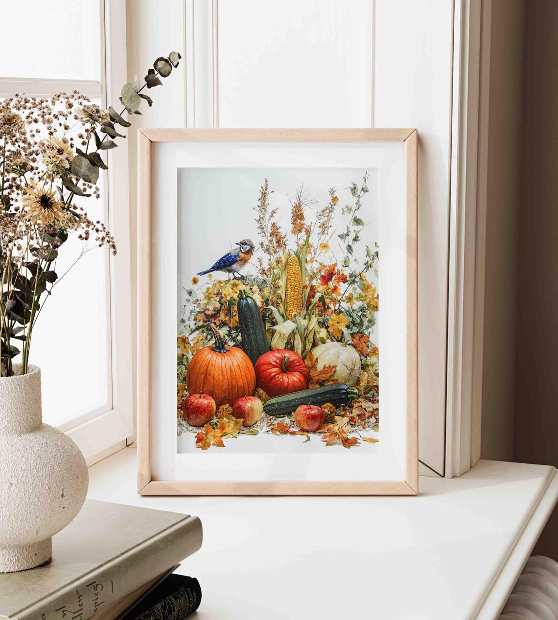 Watercolor Harvest Bounty With Pumpkins Apples And A Bluebird Poster - Image 4
