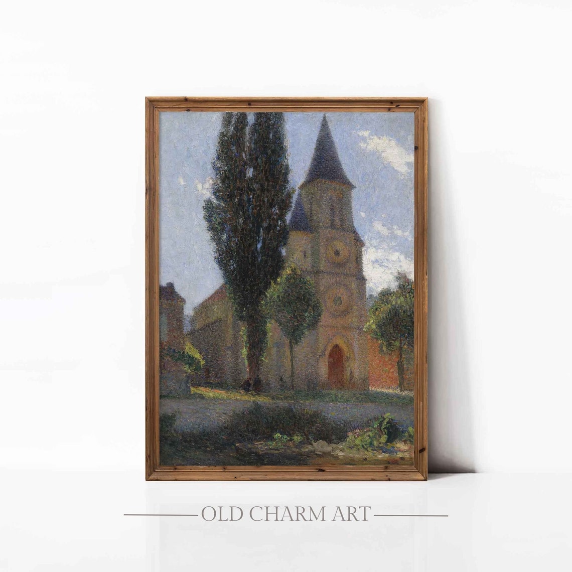 Old Village Church and Tall Cypress Trees Impressionist Art Poster