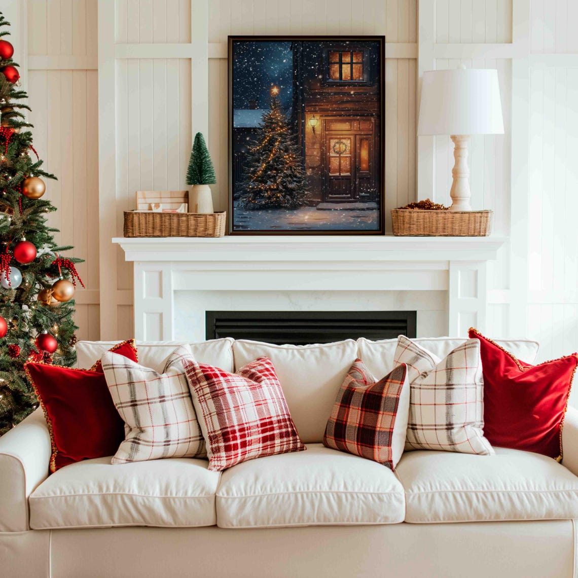 Lit Christmas Tree Outside Cozy Cabin Door Snowy Night Holiday Poster - Image 4