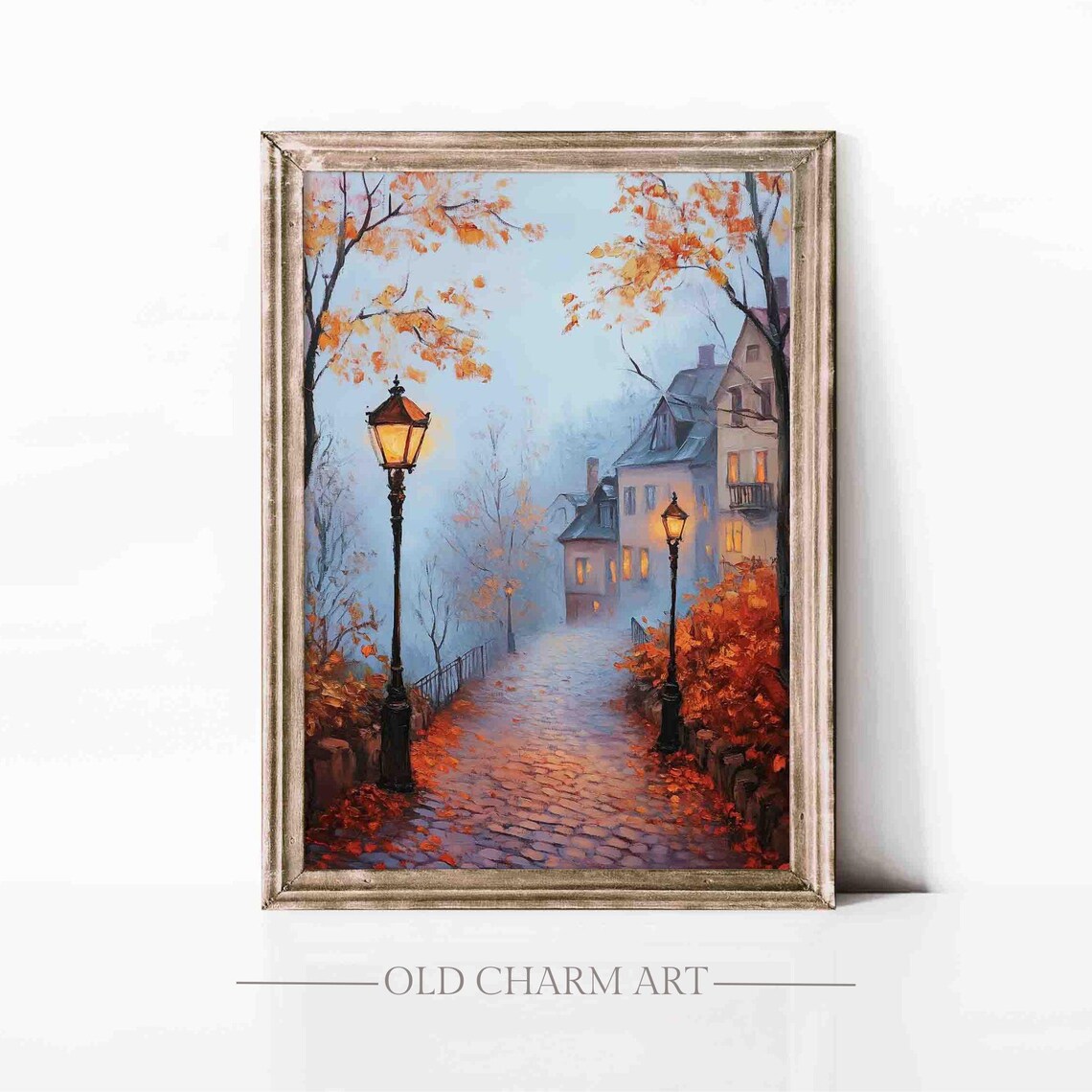 Autumn Old Town Street At Dusk With Glowing Lamps And Leaves Poster