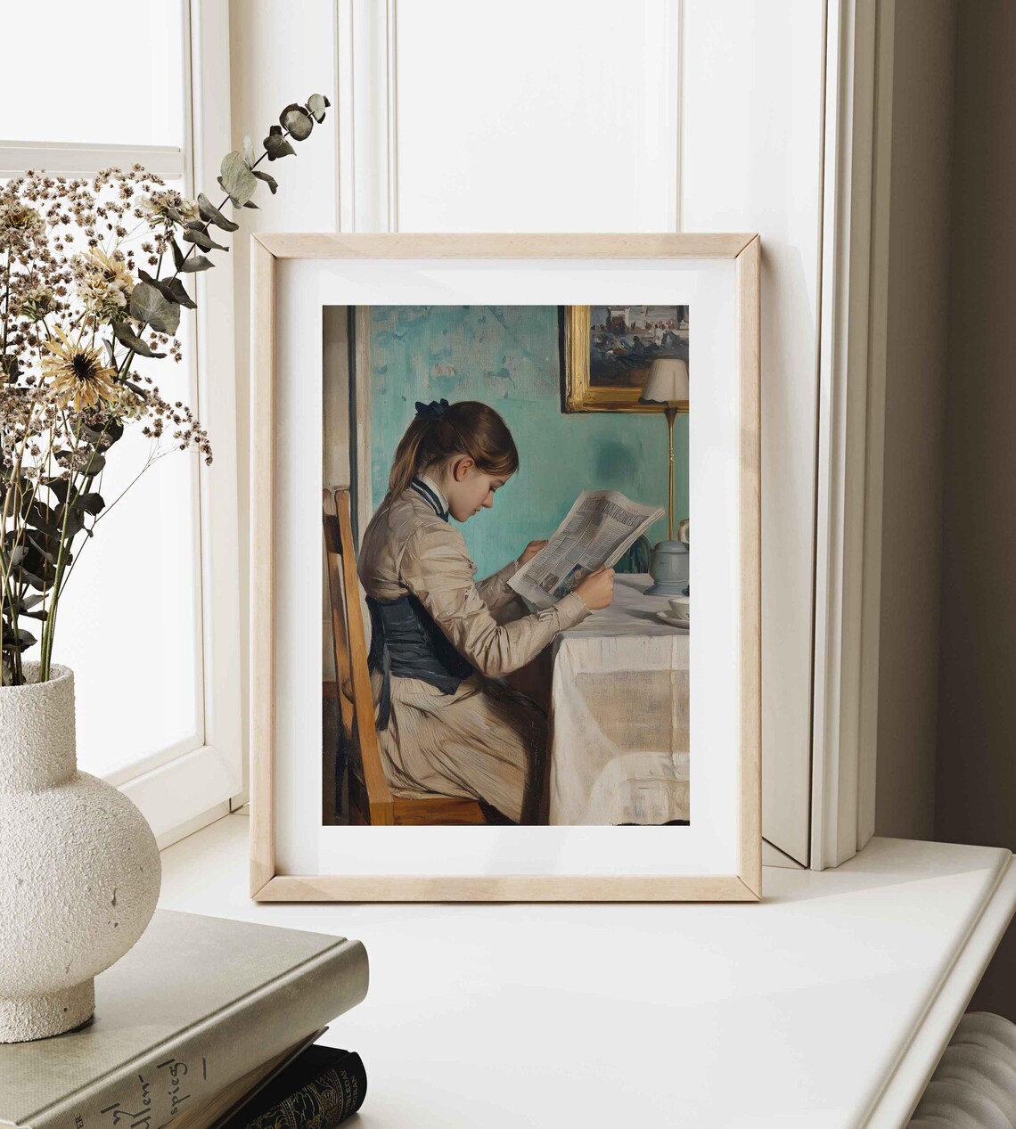 Young Woman Reading Newspaper Table Quiet Interior Vintage Genre Painting Poster - Image 3