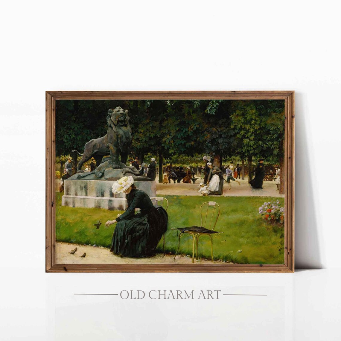 Woman Feeding Birds In Park With Lion Statue Antique Painting Poster