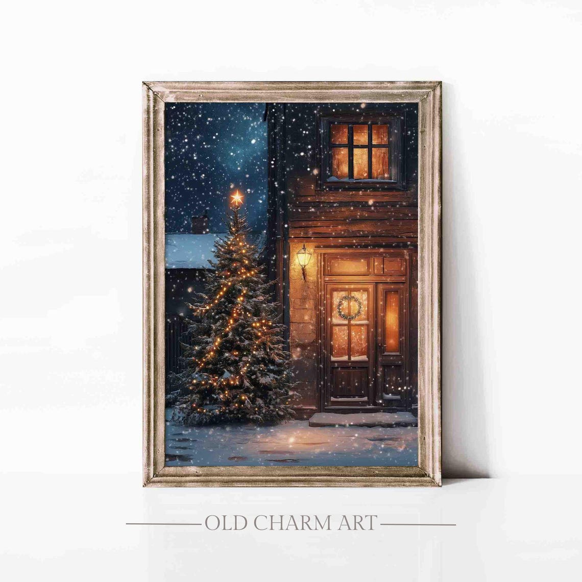 Lit Christmas Tree Outside Cozy Cabin Door Snowy Night Holiday Poster