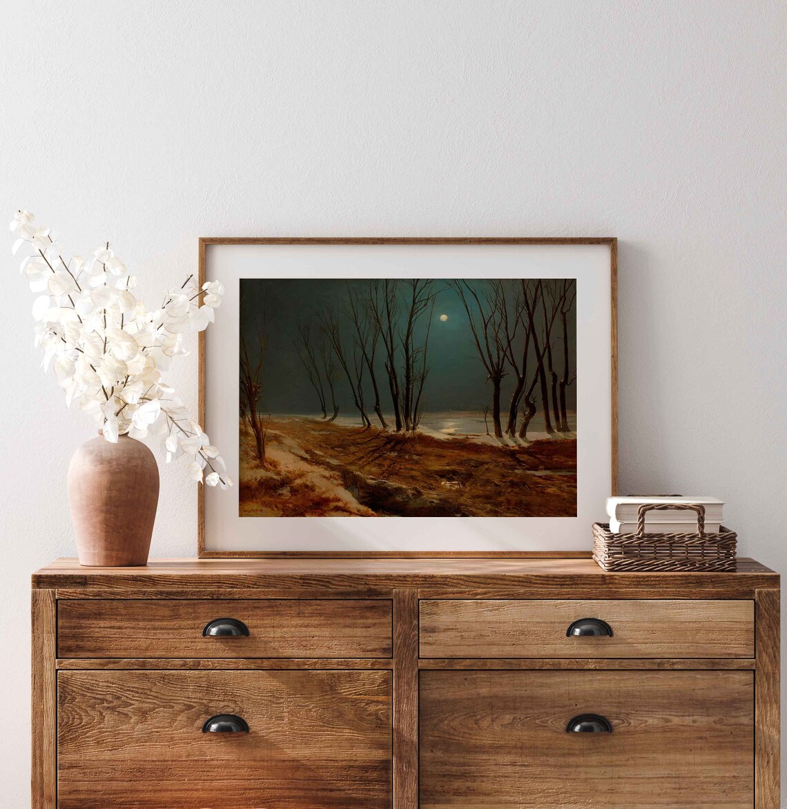 Moonlit Winter River Bare Trees Oil Painting Vintage Night Poster - Image 4