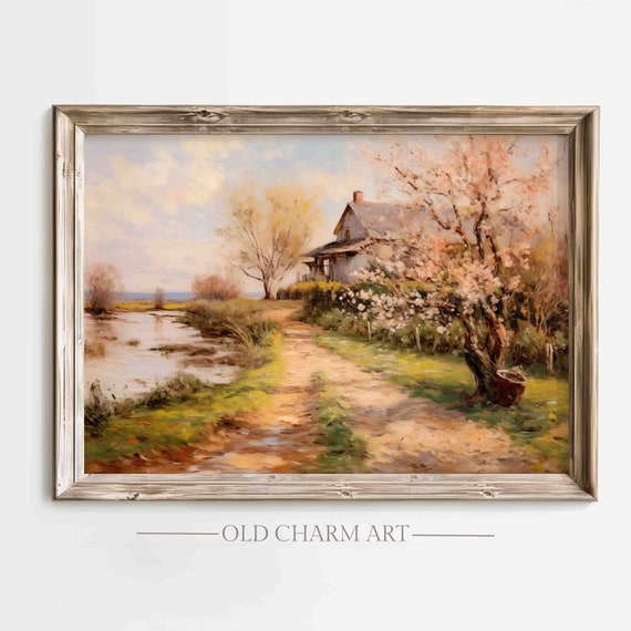 Spring Cottage Painting Vintage Landscape Wall Art Farmhouse Art Print Cottagecore Decor Poster Wa40