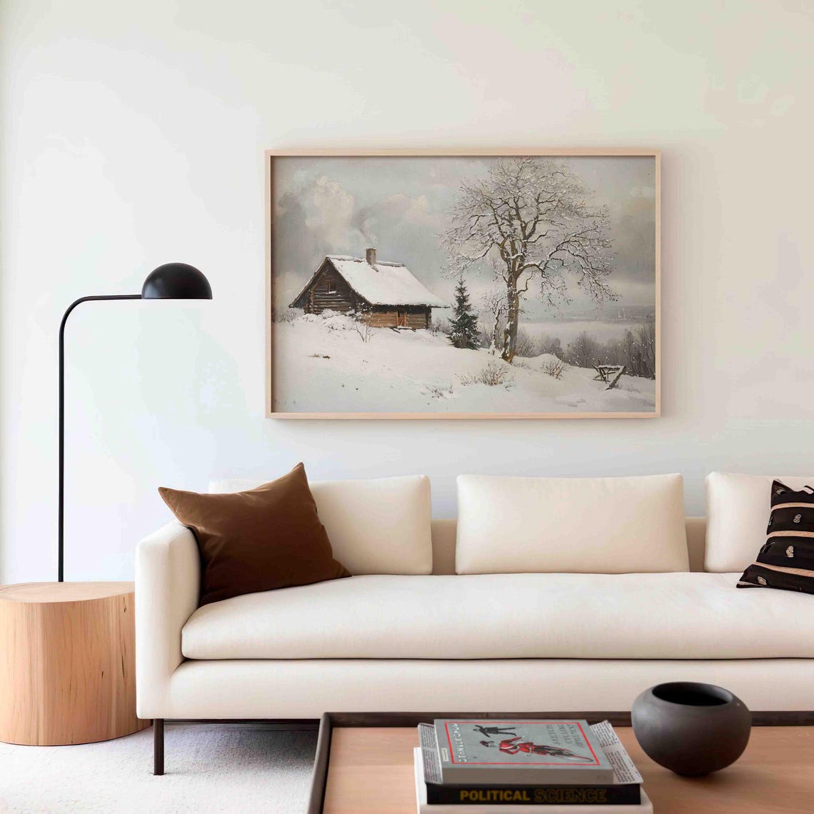 Quiet Winter Log Cabin Chimney Smoke Snowy Tree Painting Poster - Image 2