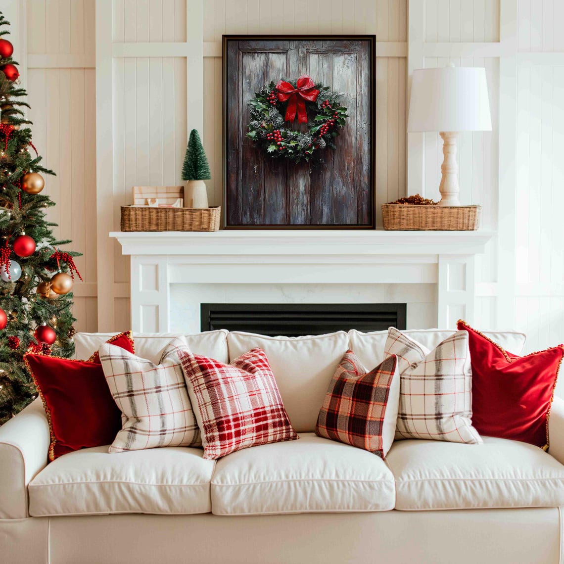 Holly Berry Wreath With Red Bow Hanging On Rustic Wooden Door Poster - Image 2
