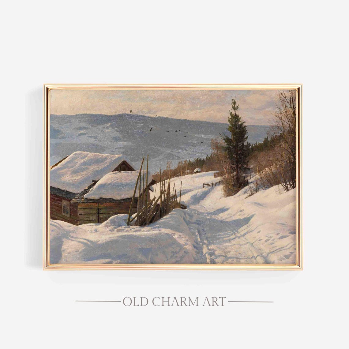 Bright Winter Farmhouse Barn Snowy Mountain Valley Painting Poster