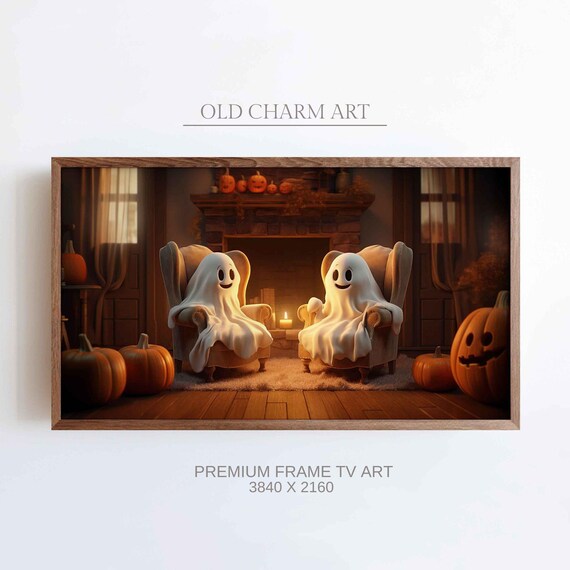 Cute Ghosts Relaxing In Armchairs By A Fireplace With Pumpkins Poster