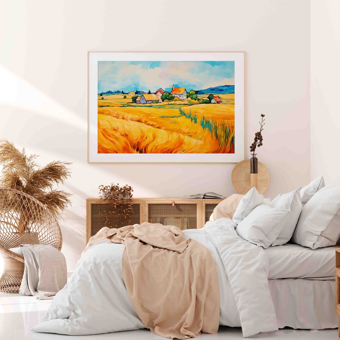 Golden Wheat Field With Farmhouses Van Gogh Style Swirling Sky Poster - Image 4