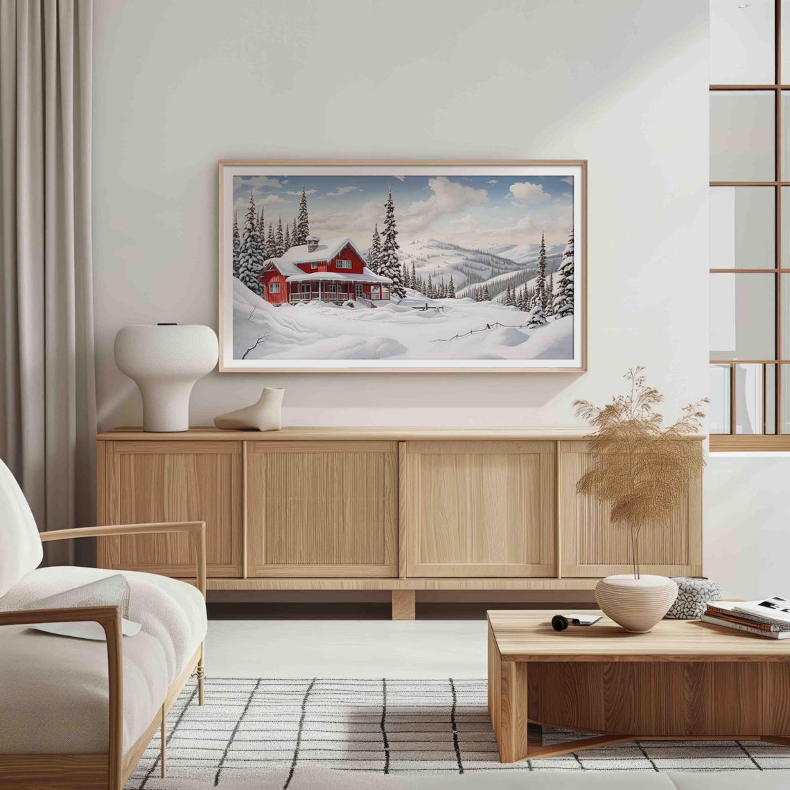 Cozy Red Mountain Cabin Snowy Pines Valley Frame TV Art Poster - Image 4