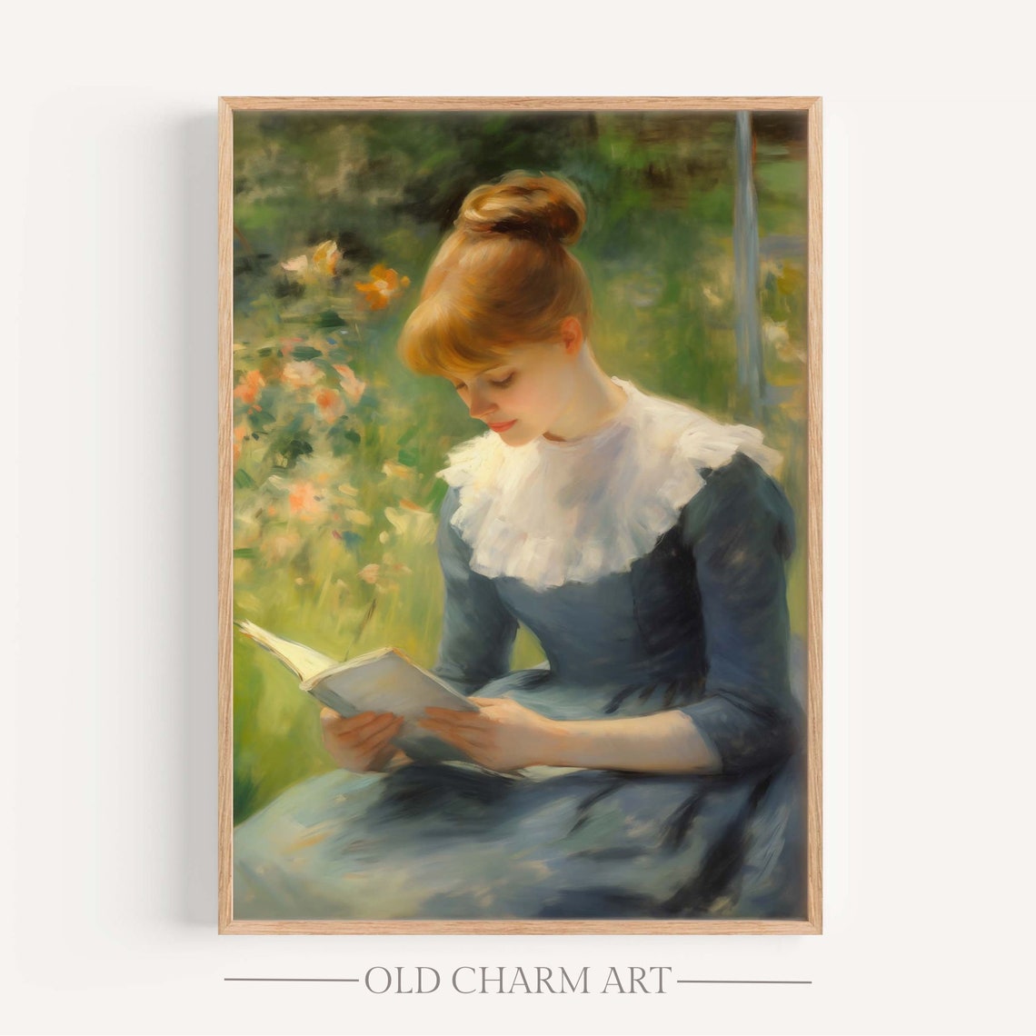 Girl Reading a Book in a Flower Garden Vintage Impressionist Poster