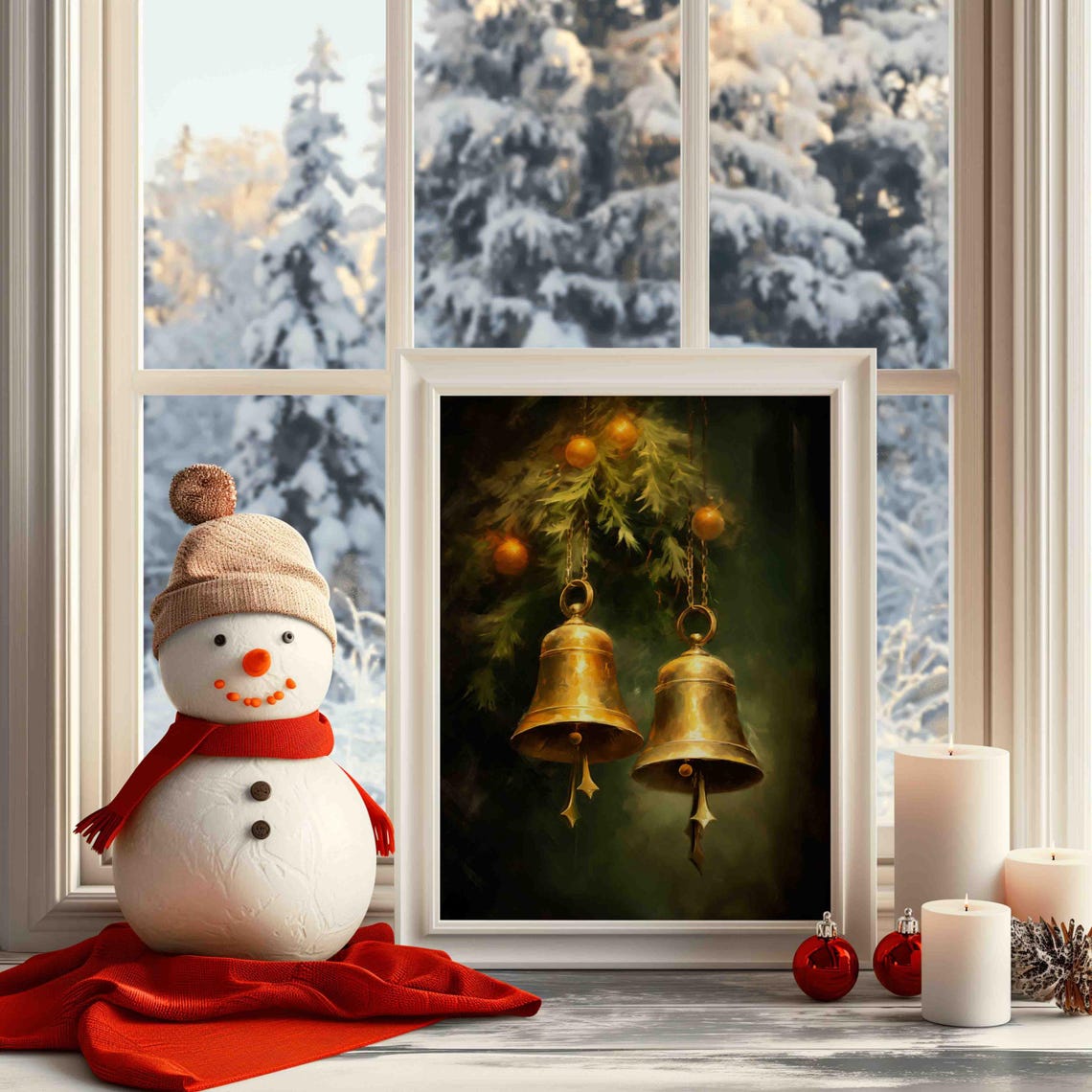 Golden Brass Christmas Bells Hanging On Pine Branch Dark Green Poster - Image 3