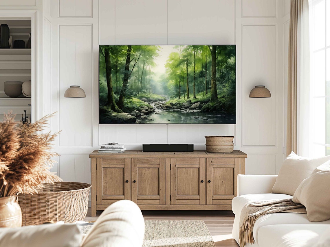 Misty Forest Stream Lush Green Woodland Watercolor Scene Poster