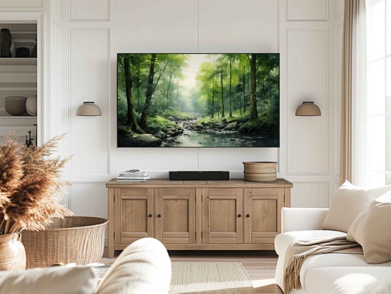 Summer Frame Tv Art Country Landscape Watercolor Painting Forest Stream Art Tvf74