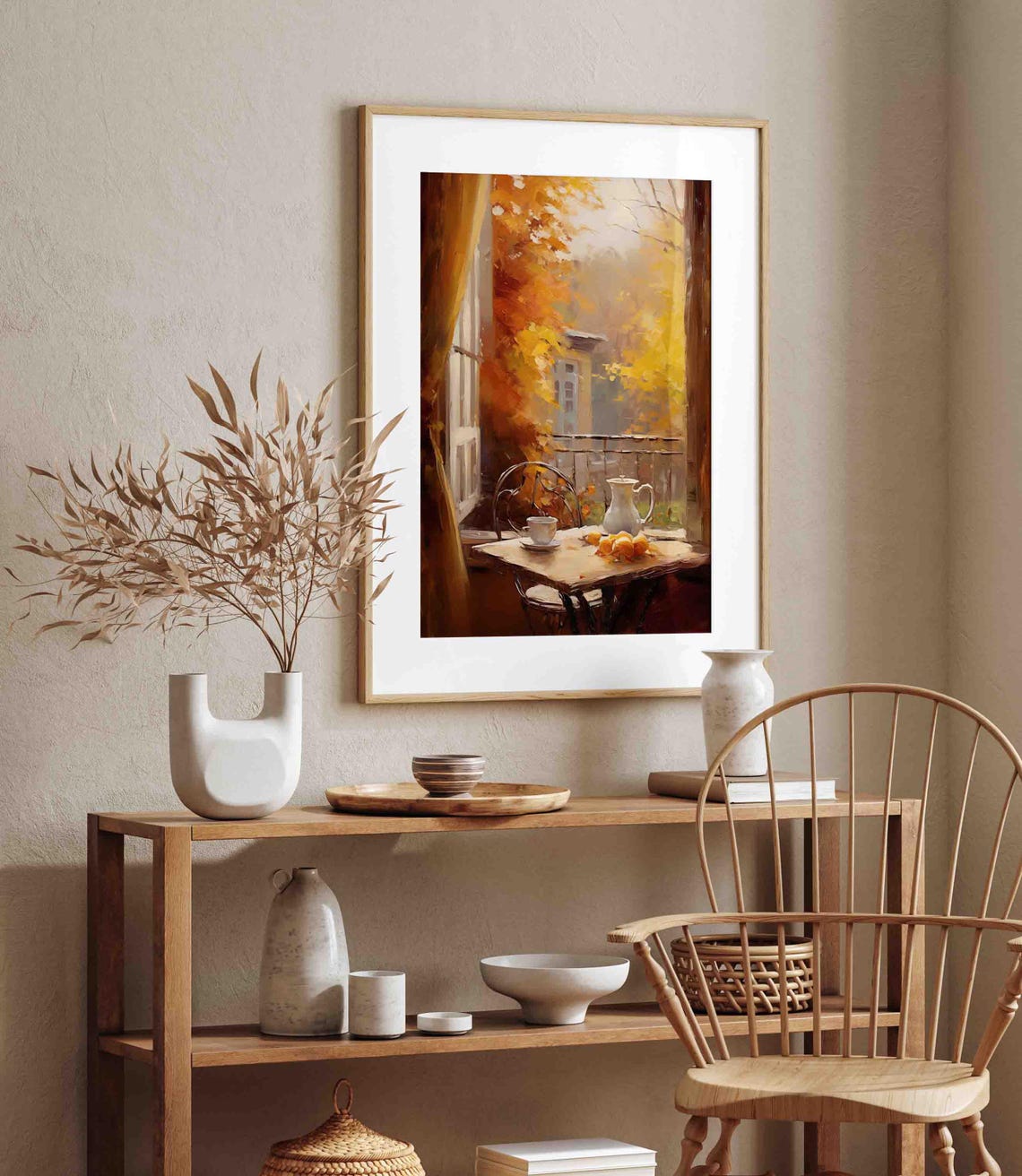Cozy Autumn Balcony Coffee Table Orange Trees Painting Poster - Image 2
