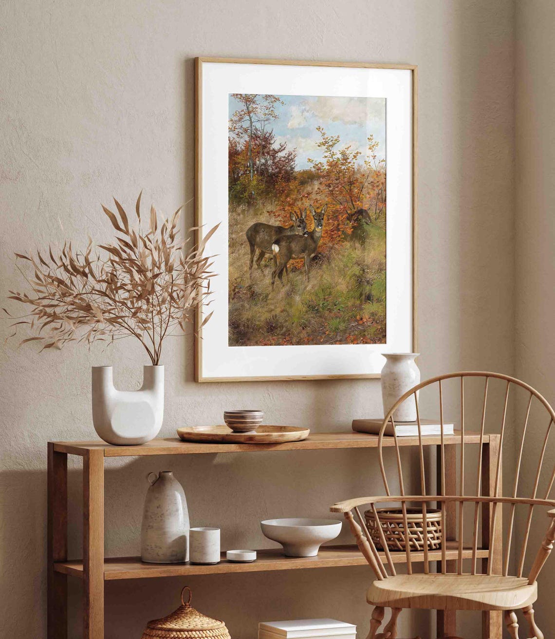 Two Roe Deer in an Autumn Forest Edge Wildlife Painting Poster - Image 3