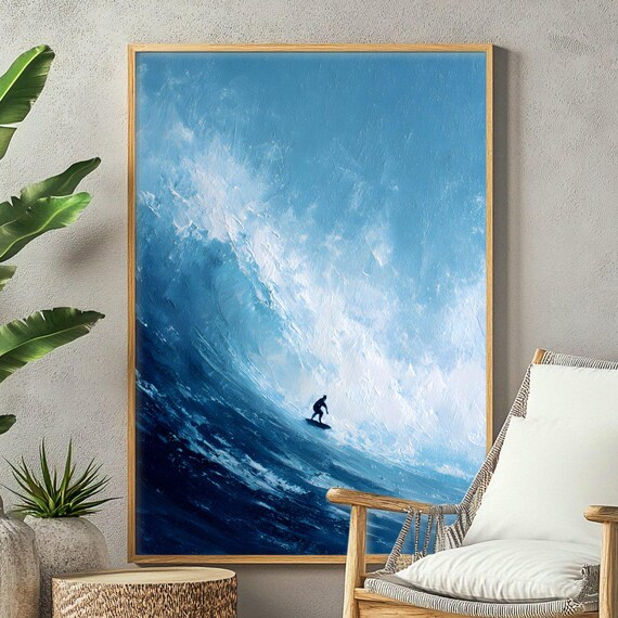 Surfer Riding Giant Blue Wave Ocean Oil Painting Beach Coastal Poster
