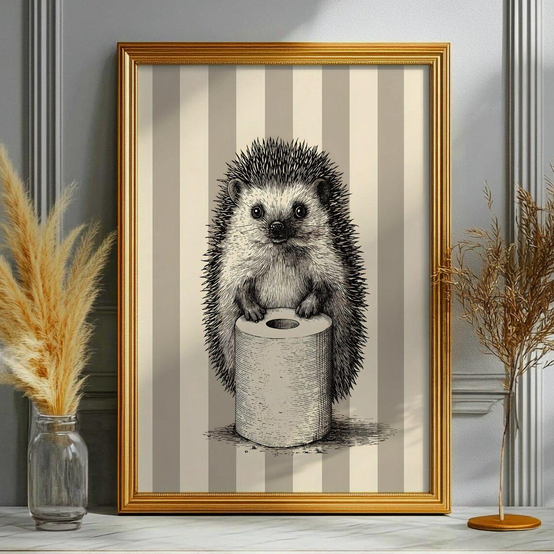 Hedgehog Holding Toilet Paper Funny Vintage Bathroom Engraving Poster