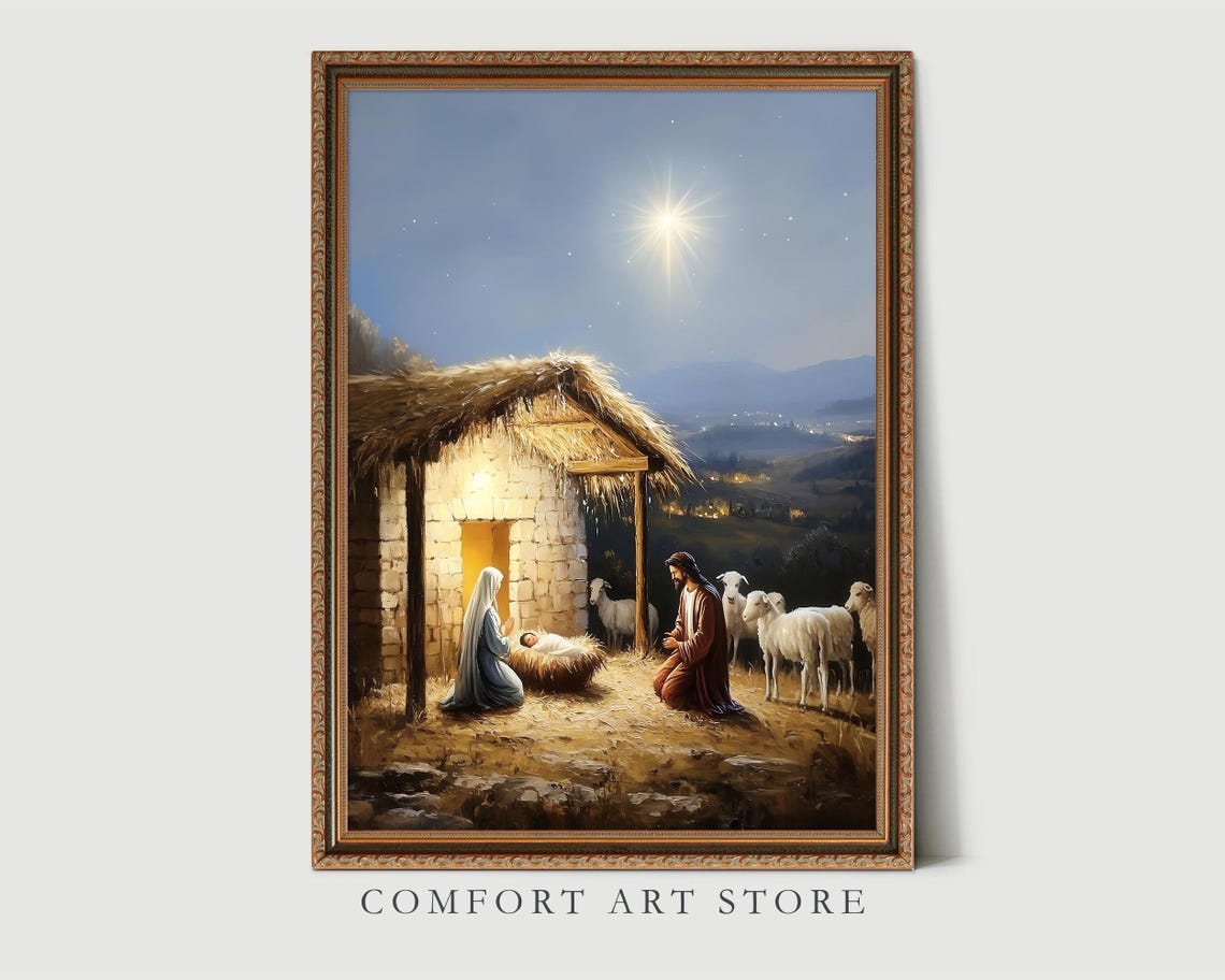 Silent Night Nativity Scene with Bethlehem Star and Sheep Poster - Image 3
