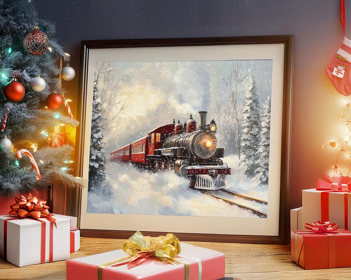Vintage Red Steam Train Crossing Snow Covered Woods Wall Art - Image 5