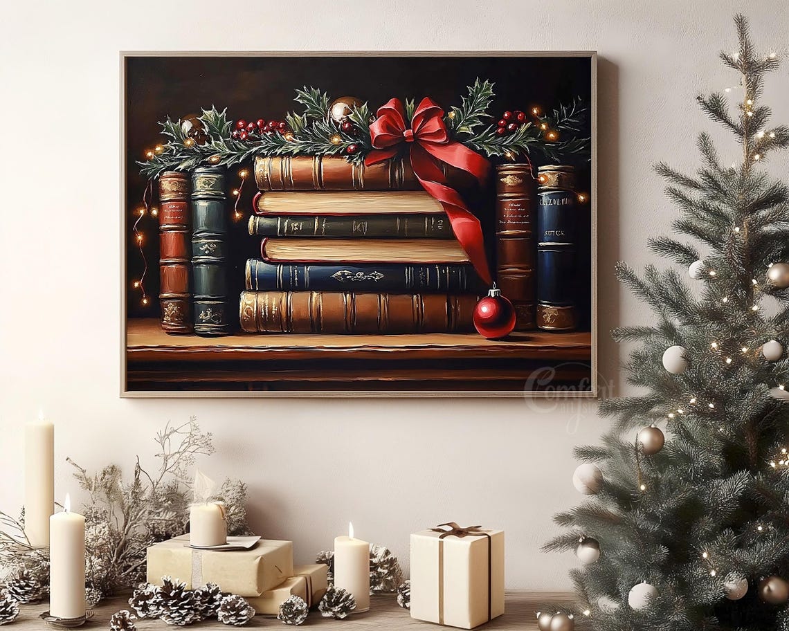 Antique Bookshelf with Christmas Holly Garland Red Bow Poster - Image 8