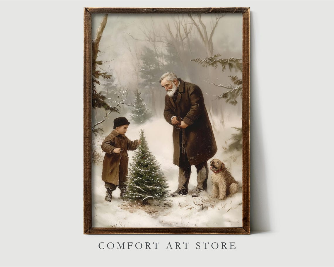 Vintage Grandfather and Boy Choosing Christmas Tree in Snow Poster - Image 2