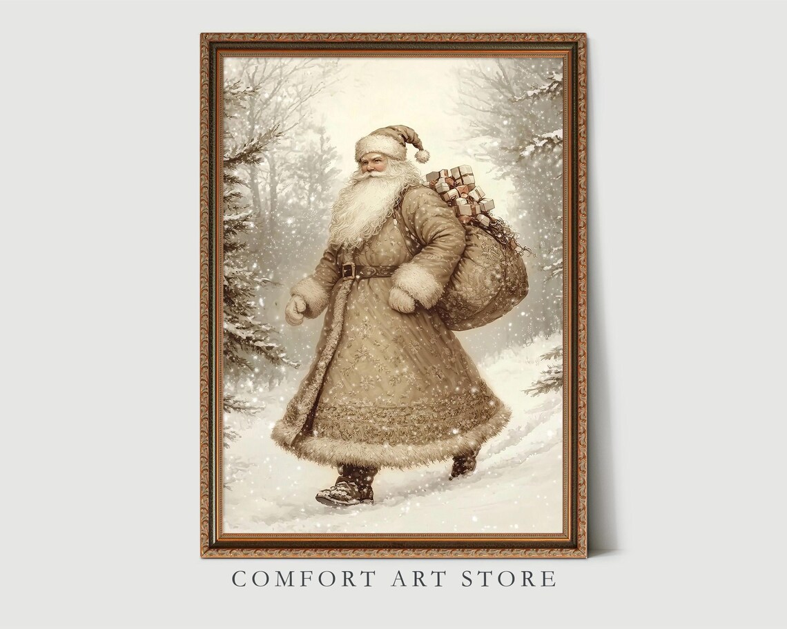 Santa Claus Walking Snowy Forest Gifts Sack Vintage Sepia Oil Poster - Image 8