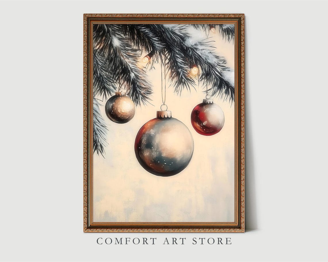 Elegant Vintage Christmas Ornaments on Snowy Pine Branch Poster - Image 3