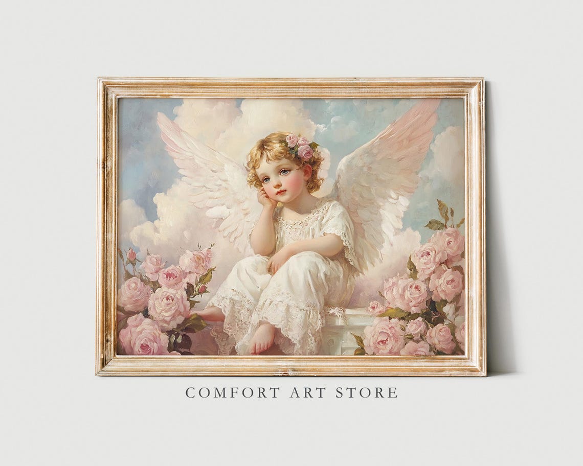 Dreamy Angel Among Roses Vintage Oil Painting Romantic Cherub Poster