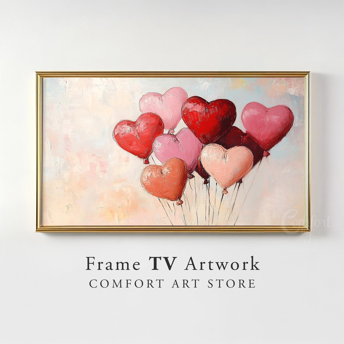 Valentines Heart Balloons Red Pink Impasto Painting Frame TV Wall Art - Image 2