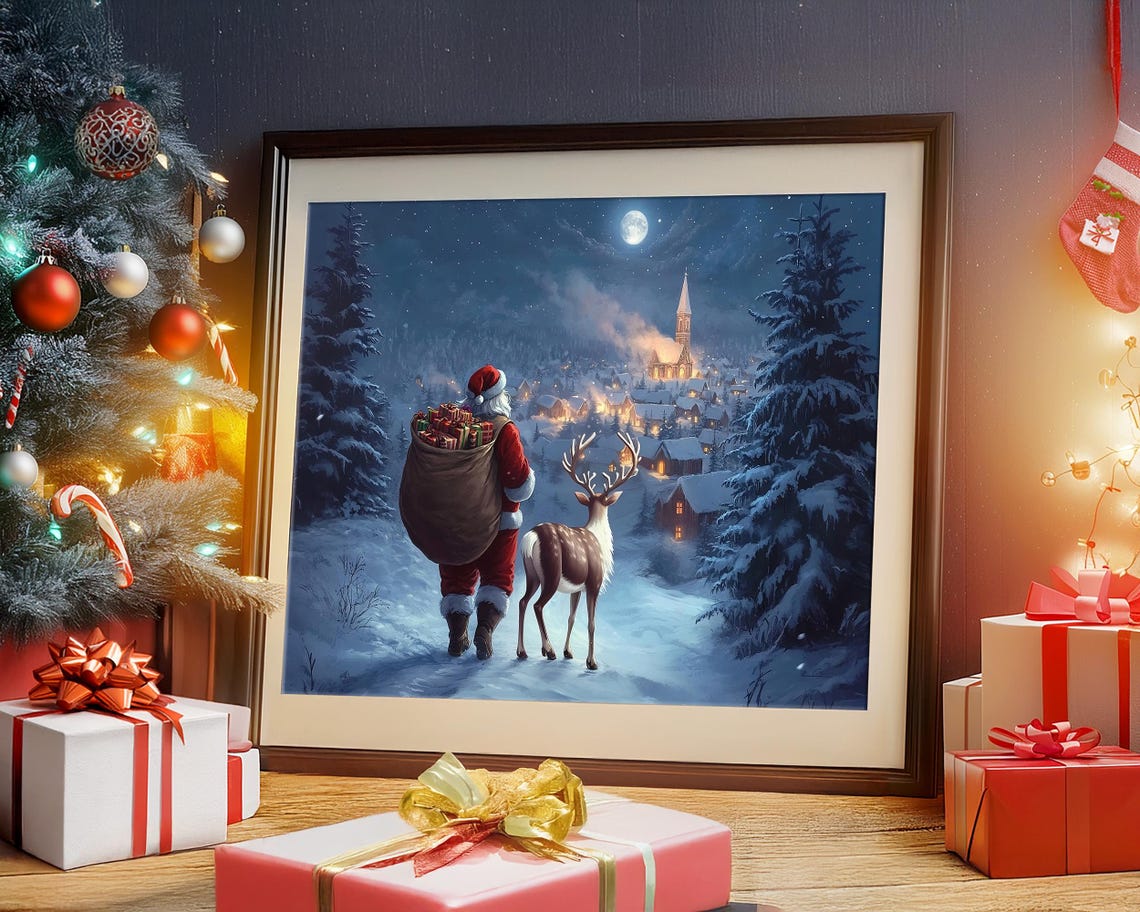 Christmas Wall Art Santa Claus Reindeer Print Dark Academia Winter Village Scene Snowy Holiday Decor Vintage Christmas Painting - Image 2
