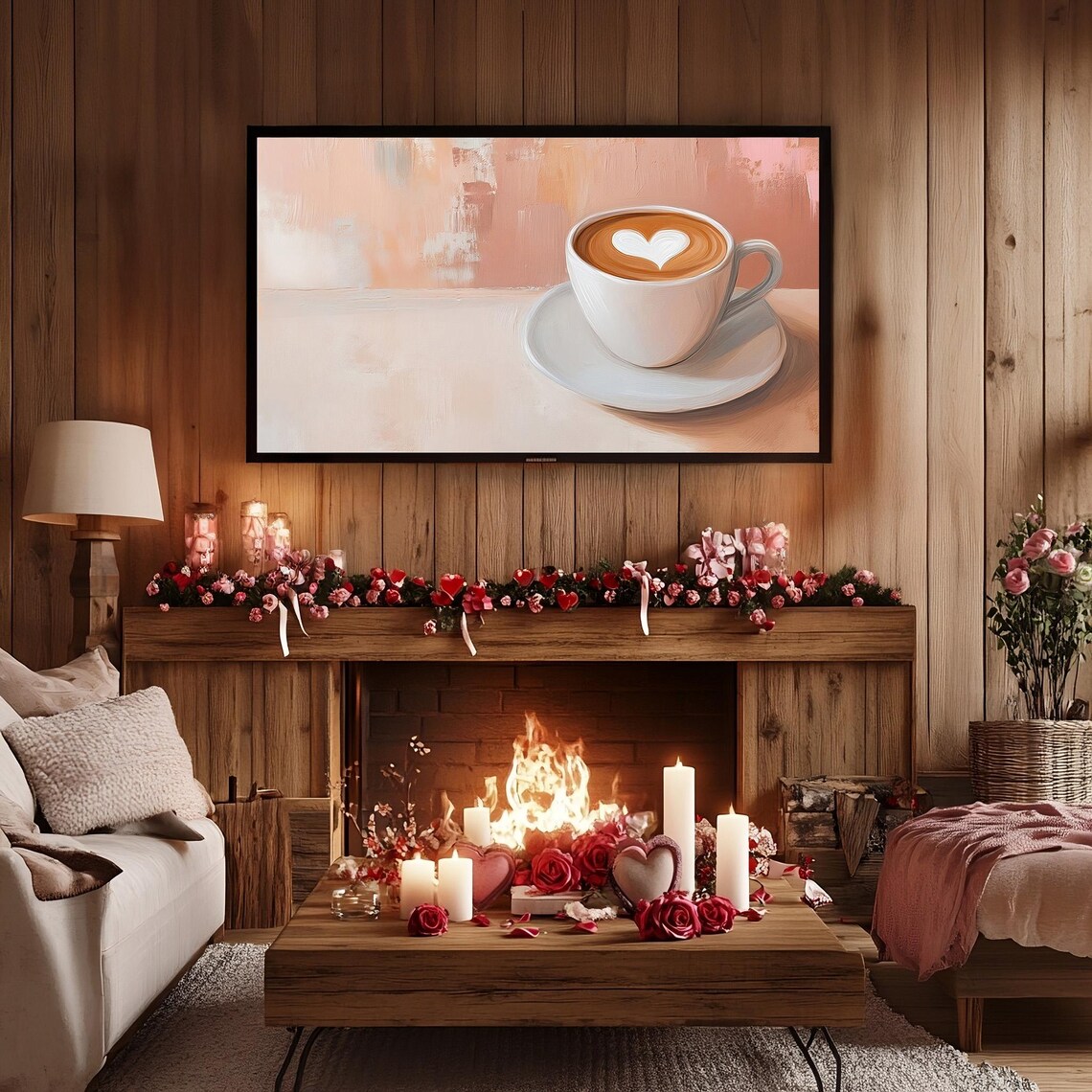 Valentines Latte Art Heart Coffee Cup Painting Cozy Frame TV Wall Art - Image 2
