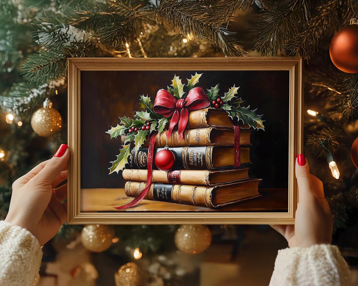 Classic Antique Book Stack with Red Bow and Holly Christmas Poster - Image 6