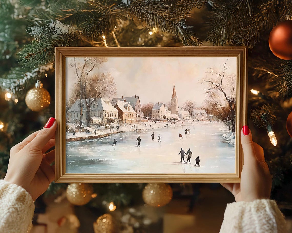 Village Ice Skating on Frozen Pond Winter Landscape Wall Art - Image 5