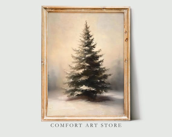 Christmas Print Moody Christmas Tree Vintage Wall Art Pine Trees Landscape Winter Holiday Decor Seasonal Cottagecore Decoration