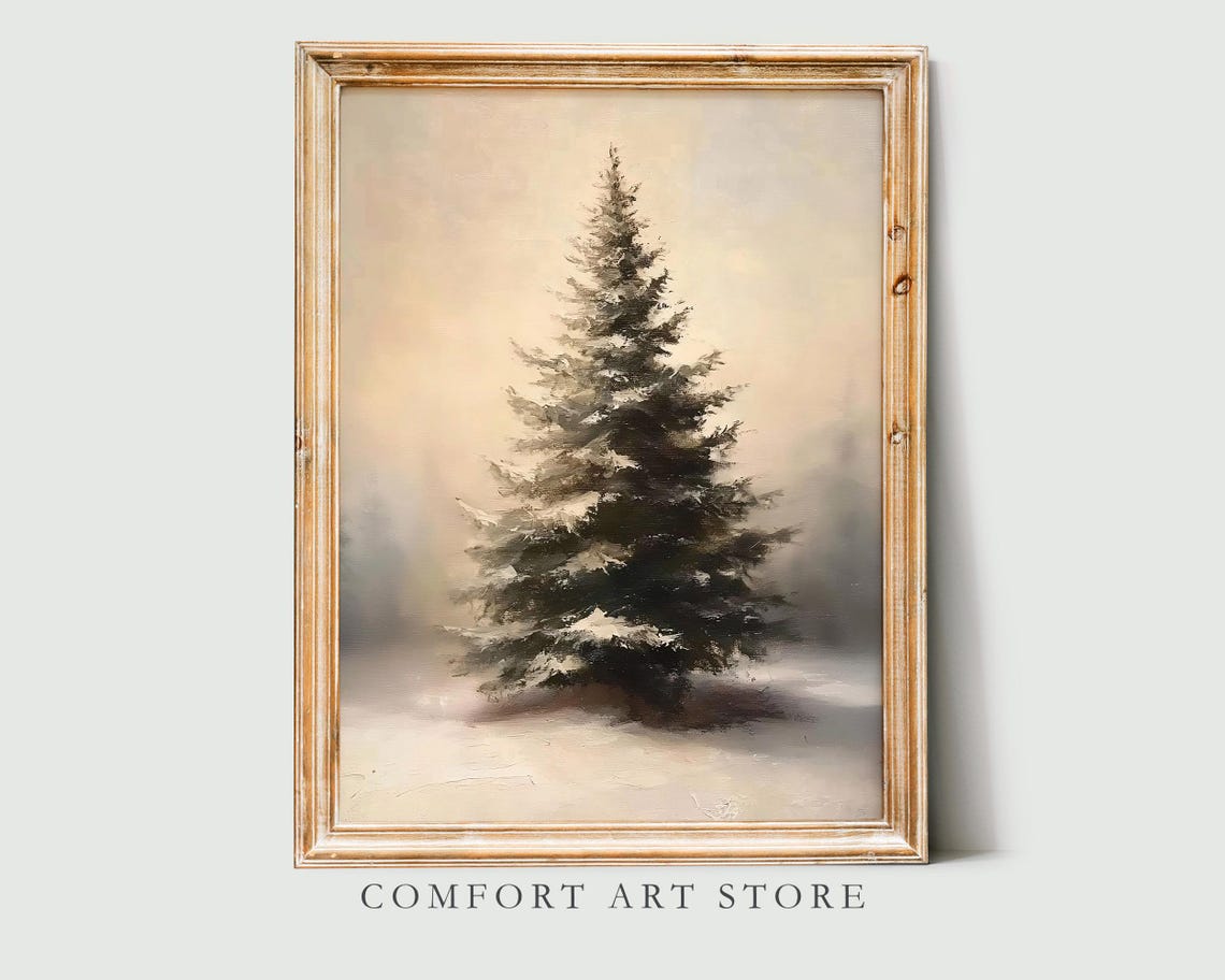 Single Snowy Pine Tree Muted Watercolor Serene Winter Landscape Poster